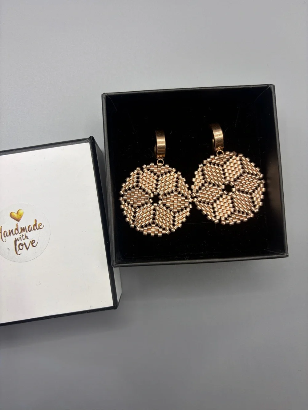 Handmade Rose Gold Beaded Geometric Drop Earrings